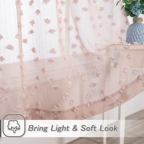 MYSKY HOME Pink Sheer Short Curtains with Pom Pom for Small Windows Dusty Rose Bedroom Nursery Kids Girls Room Curtains Cafe Kitchen Light Filtering Boho Drapes, Rod Pocket,38 x 54 Inches, 2 Panels