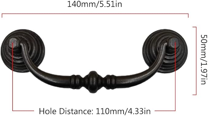 4PCS Retro Dresser Drawer Drop Bail Pulls Handles Classic Metal Swing Handles Hole Centers for Kitchen Bedroom Decoration (Brass + Iron Black)