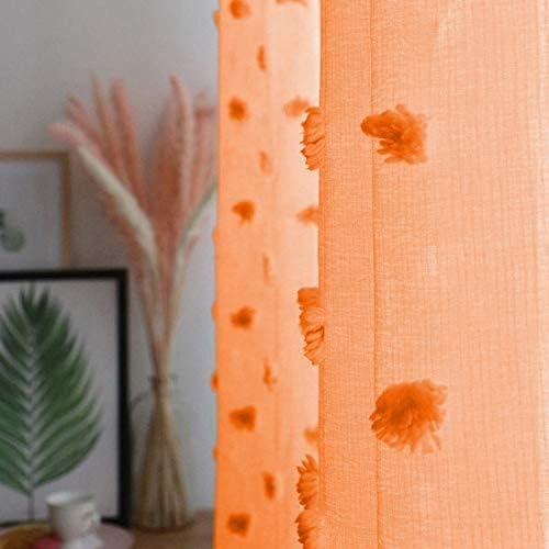 MYSKY HOME Orange Sheer Short Curtains with Pom Pom for Small Windows Bedroom Nursery Kids Girls Room Curtains Cafe Kitchen Light Filtering Boho Drapes, Rod Pocket,38 x 54 Inches, 2 Panels