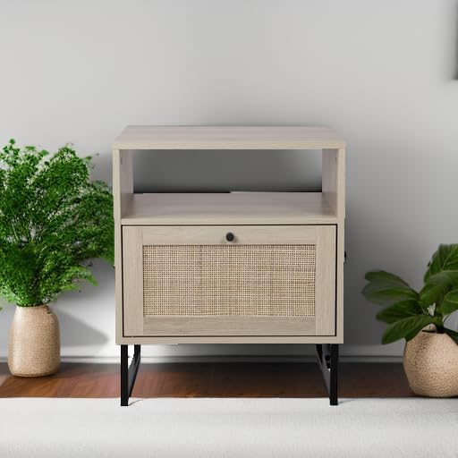 Nathan James Mina Rattan Wood End Side Accent Table Nightstand with Storage for Living Room or Bedroom, 1, Oak/Black
