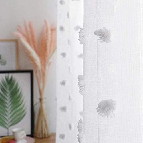 MYSKY HOME Pom Pom White Sheer Curtains for Bedroom Girls Room Curtains 120 Inches Long for Nursery Kids Light Filtering Boho Window Drapes, Rod Pocket, 38" Wide, 2 Panels