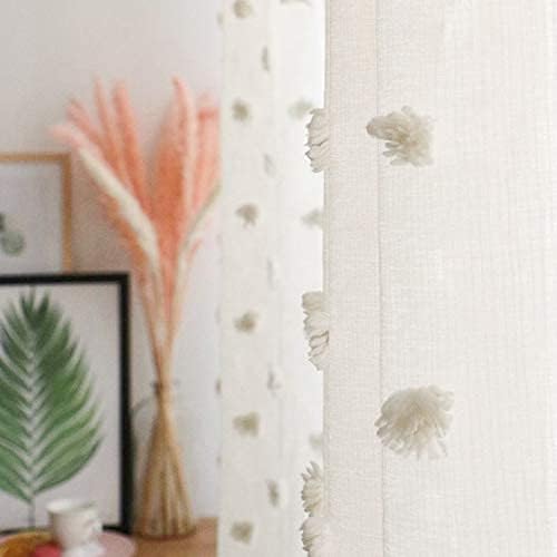 MYSKY HOME Pom Pom Beige Sheer Curtains for Bedroom Girls Room Curtains 108 Inches Long for Nursery Kids Light Filtering Boho Window Drapes, Rod Pocket, 52" Wide, 2 Panels