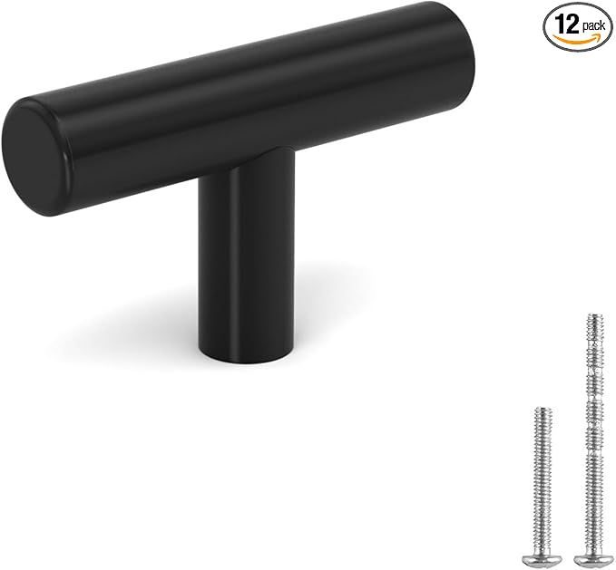 LONTAN 12 Pack Black Knobs for Cabinets and Drawers Kitchen Cabinet Knobs for Dresser Bathroom Modern T Bar Furniture Black Hardware,Stainless Steel