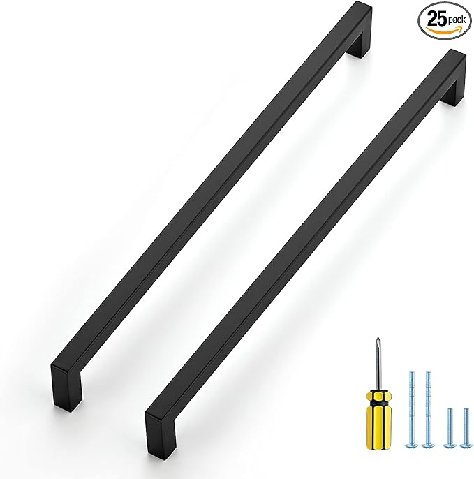 Ravinte 25 Pack Black Cabinet Pulls 12-3/5 Inch Square Kitchen Cabinet Handles Matte Black Kitchen Hardware for Drawer Pulls Drawer Handles Come with Screwdriver