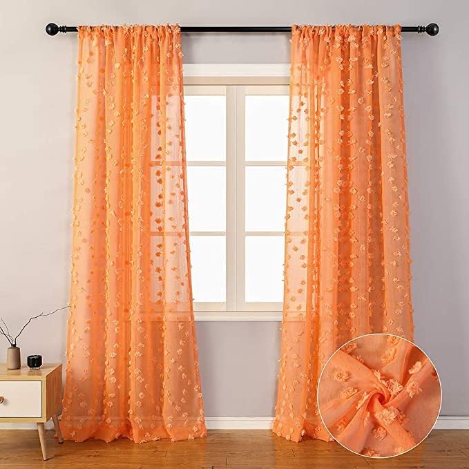 MYSKY HOME Pom Pom Orange Sheer Curtains for Bedroom Girls Room 120 Inch Curtains for Nursery Kids Light Filtering Boho Window Drapes, Rod Pocket, 52" Wide, 2 Panels