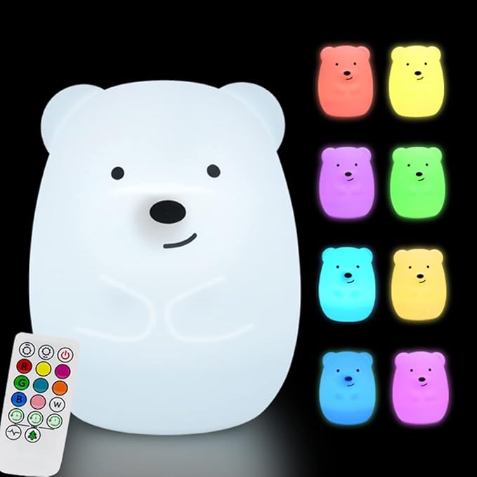 Large Bear Night Light for Kids, Silicone nightlights Bedside Table Lamps Baby Bedroom Lighting Nursery Children's Bed Lights - Eye Caring, Adjustable Brightness & Color, Time Setting - Large
