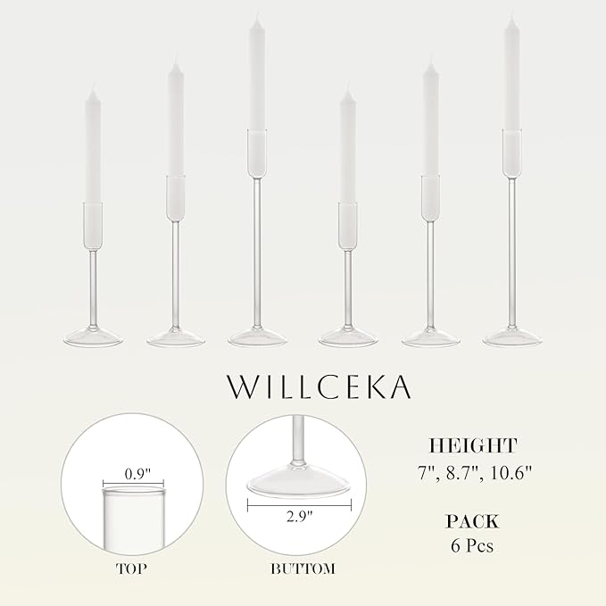 Candle Holder, Glass Taper Candle Tall Candlestick Holder, 3 Different Heights, for Table Centerpiece, Wedding, Party, Clear, 6pcs