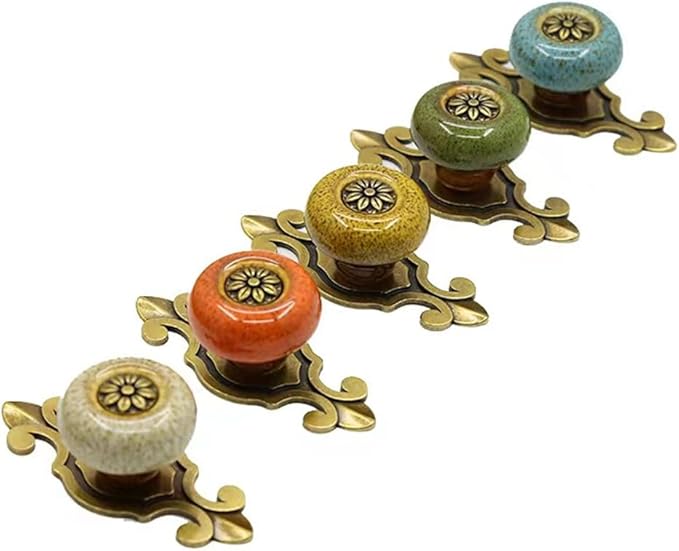 5 Pack Retro Ceramic Knobs,Vintage Dresser Kitchen Petal Cabinet Pulls Rustic Zinc Alloy Base Back Plate Kid Cupboard Wardrobe Drawer Door Handles (Leopard Print Blue)