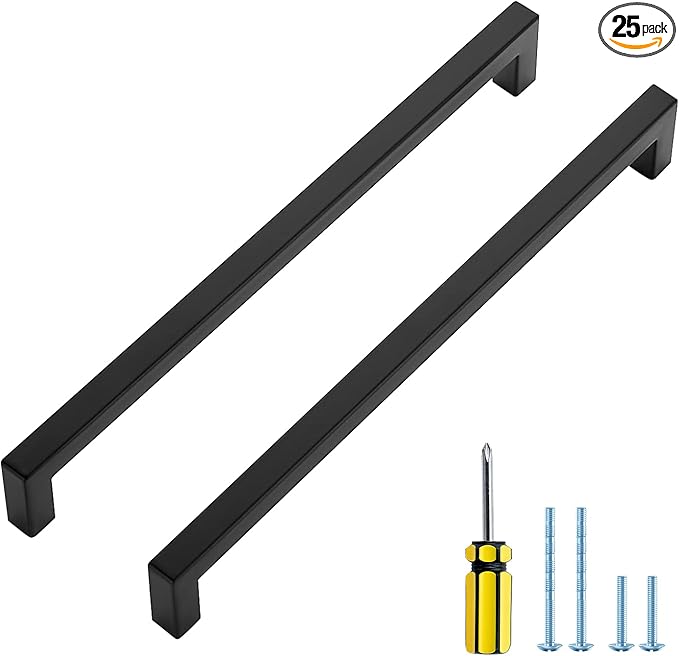 Ravinte 25 Pack Square Cabinet Pulls 10 Inch Black Kitchen Cabinet Handles Matte Black Kitchen Hardware for Cabinet Black Drawer Pulls Black Square Bar Cabinet Pulls Drawer Handles