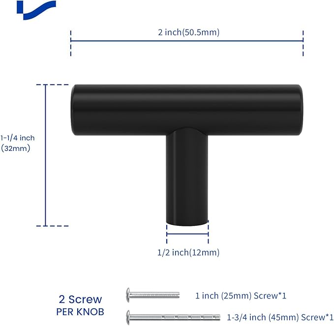 LONTAN 30 Pack Black Knobs for Cabinets and Drawers Kitchen Cabinet Knobs for Dresser Bathroom Modern T Bar Furniture Black Hardware,Stainless Steel