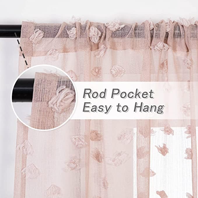 MYSKY HOME Pink Sheer Short Curtains with Pom Pom for Small Windows Dusty Rose Bedroom Nursery Kids Girls Room Curtains Cafe Kitchen Light Filtering Boho Drapes, Rod Pocket,38 x 54 Inches, 2 Panels