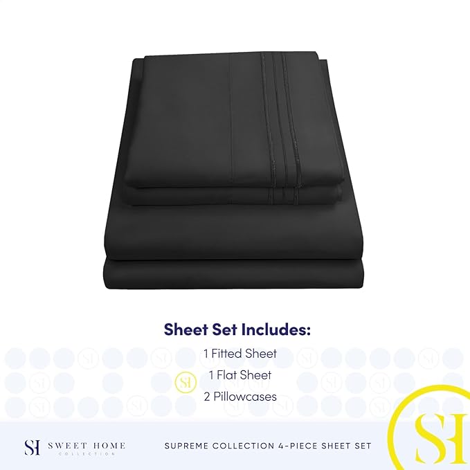 Queen Size Bed Sheets - Breathable Luxury Sheets with Full Elastic & Secure Corner Straps Built In - 1800 Supreme Collection Soft Deep Pocket Bedding, Sheet Set, EXTRA DEEP pocket - Queen, Black
