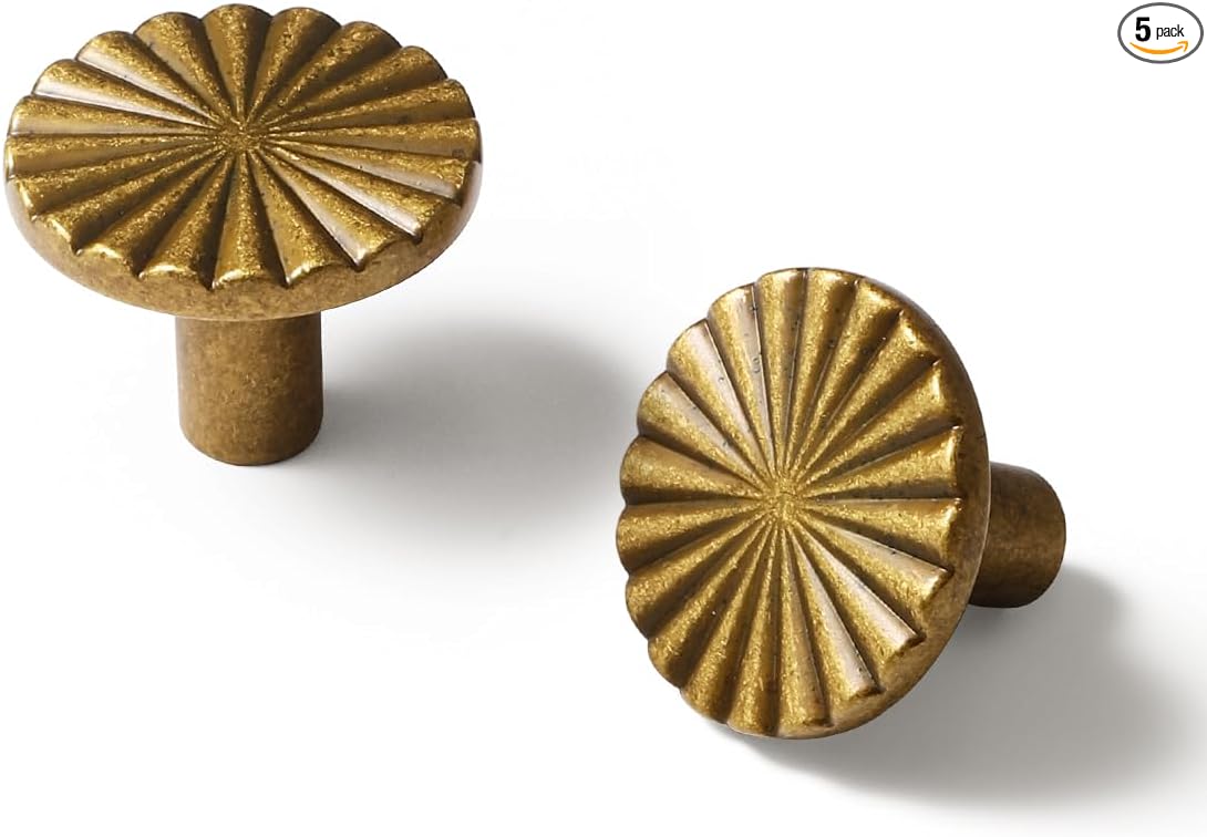 5 Pack Antique Brass Cabinet Knobs Vintage Flat Drawer Pulls Kitchen Cupboard Bathroom Dresser Cabinet Hardware Handles Zinc Alloy