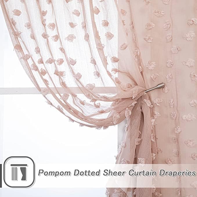 MYSKY HOME Pom Pom Pink Sheer Curtains for Bedroom Girls Room Dusty Rose Curtains 72 Inches Long for Nursery Kids Light Filtering Boho Window Drapes, Rod Pocket, 52" Wide, 2 Panels