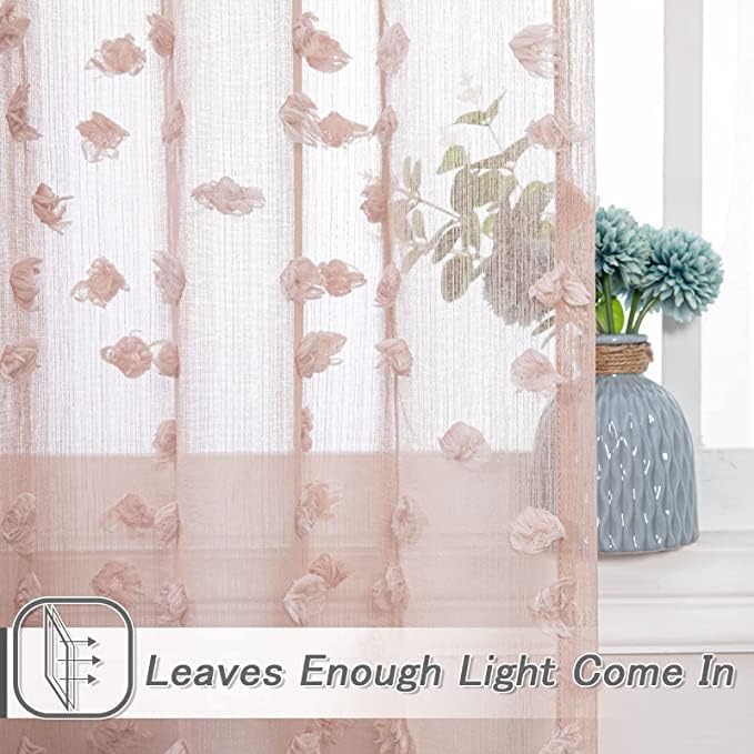 MYSKY HOME Pink Sheer Short Curtains with Pom Pom for Small Windows Dusty Rose Bedroom Nursery Kids Girls Room Curtains Cafe Kitchen Light Filtering Boho Drapes, Rod Pocket,38 x 54 Inches, 2 Panels