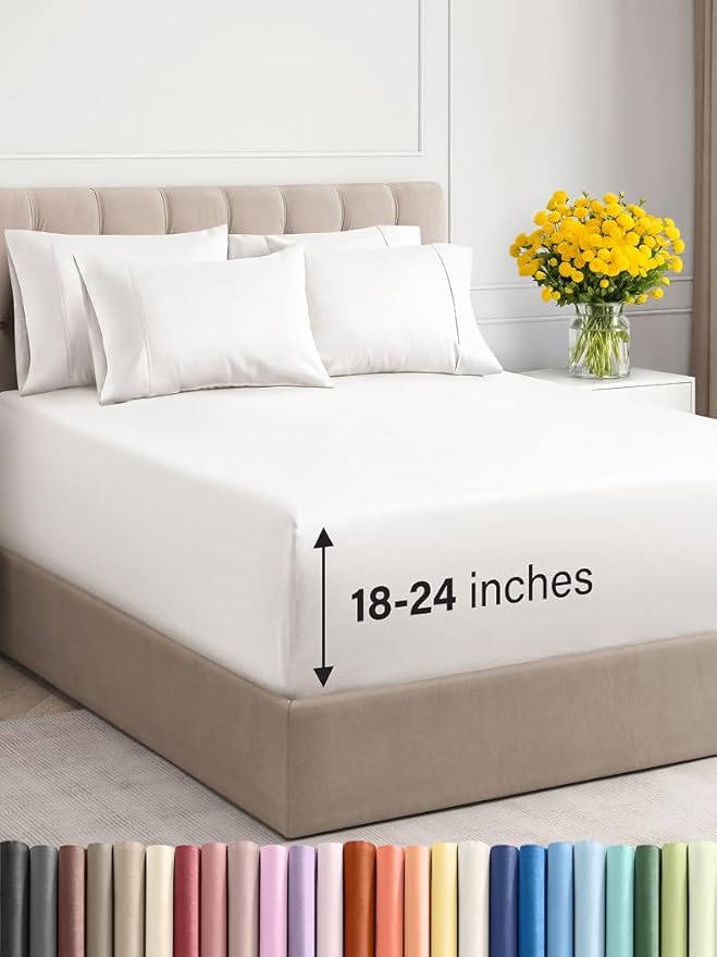 Extra Deep Cal King Sheet Set - 6 Piece Breathable & Cooling Sheets - Hotel Luxury Bed Sheets Set - Easy Fit - Soft, Wrinkle Free & Comfy Sheets Set - Antique White Sheet Set with Extra Deep Pockets