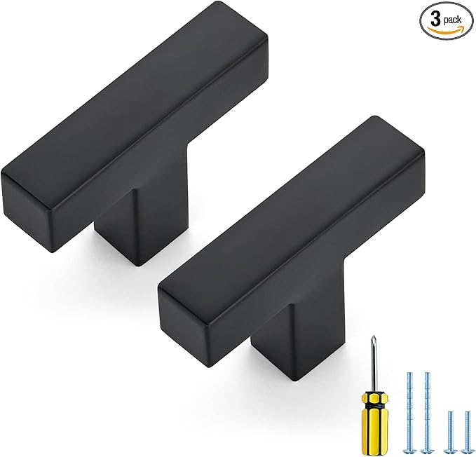 Ravinte 3 Pack Black Cabinet Pulls Single Hole Square Kitchen Cabinet Handles Matte Black Kitchen Hardware for Drawer Pulls Drawer Handles Come with Screwdriver