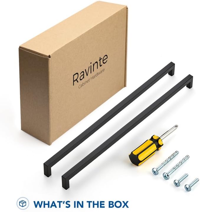 Ravinte 20 Pack Black Cabinet Pulls 18 Inch Square Kitchen Cabinet Handles Matte Black Kitchen Hardware for Drawer Pulls Drawer Handles Come with Screwdriver
