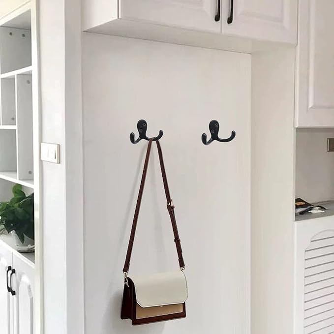 Coat Hooks Hardware, 10Pcs Wall Hooks Heavy Duty Hooks for Hanging Coats No Rust Double Robe Hook Wall Mounted for Key Towel Bags Cup Hat (Black)