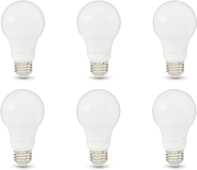Amazon Basics A19 LED Light Bulbs, 75 Watt Equivalent, Energy Efficient 12W, E26 Standard Base, Soft White 2700K, Dimmable, 10,000 Hour Lifetime , 6-Pack