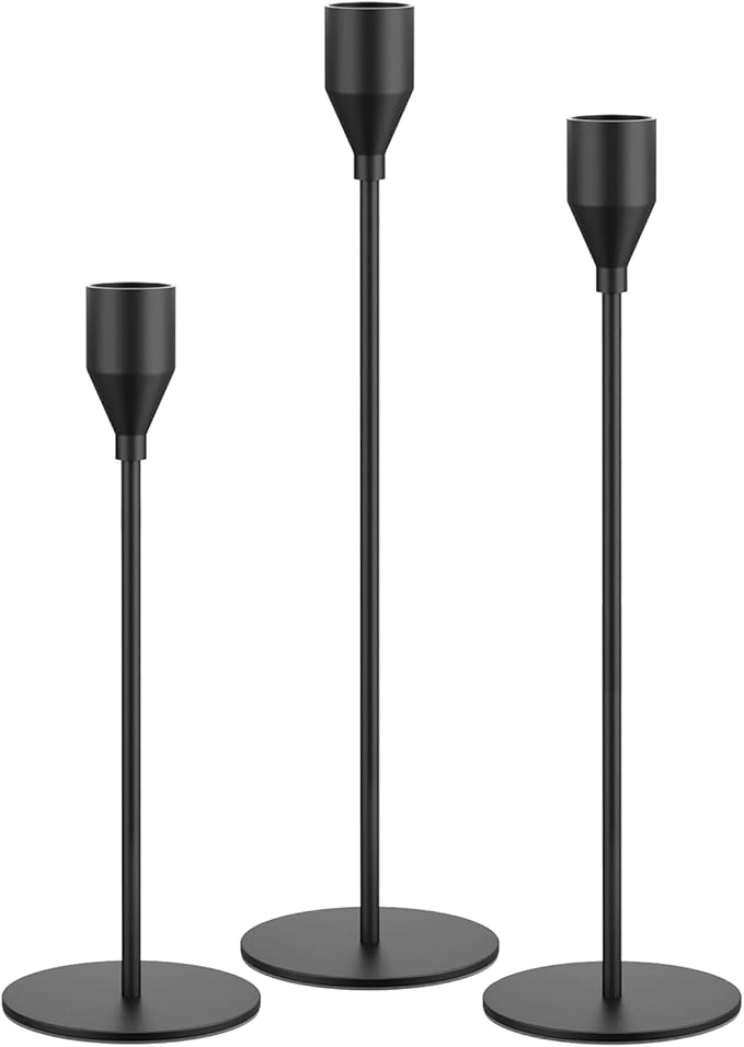 Matte Black Taper Candle Holders, Set of 3 Metal Candlestick Holders for Candle Sticks Holder Decor, Ideal for Mantle Table Centerpiece, Weddings, Dining, Housewarming Gift & Anniversaries