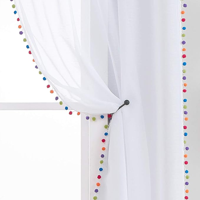 Treatmentex White Linen Sheer Curtains for Living Room 95" Long Colorful Pompoms Kids Window Draperies for Nursery Room Baby Voiles 2 Panels