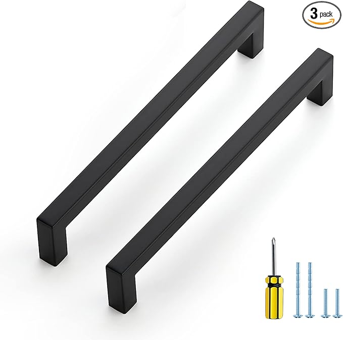 Ravinte 3 Pack Black Cabinet Pulls 7-1/2 Inch Square Kitchen Cabinet Handles Matte Black Kitchen Hardware for Drawer Pulls Drawer Handles Come with Screwdriver