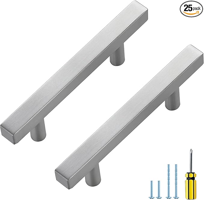 Ravinte 25 Pack Cabinet Handles 3 Inch Brushed Nickel Cabinet Pulls Square Hardware for Kitchen Cabinets - 5 Inch Total Length