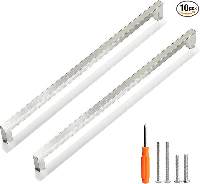 Cabinet Pulls Brushed Nickel Cabinet Handles Square Drawer Pulls, 10 Pack 13-4/5 Inch Stainless Steel Kitchen Door Cupboard Cabinet Handles, Hardware Drawer Handles, 352mm Hole Centers