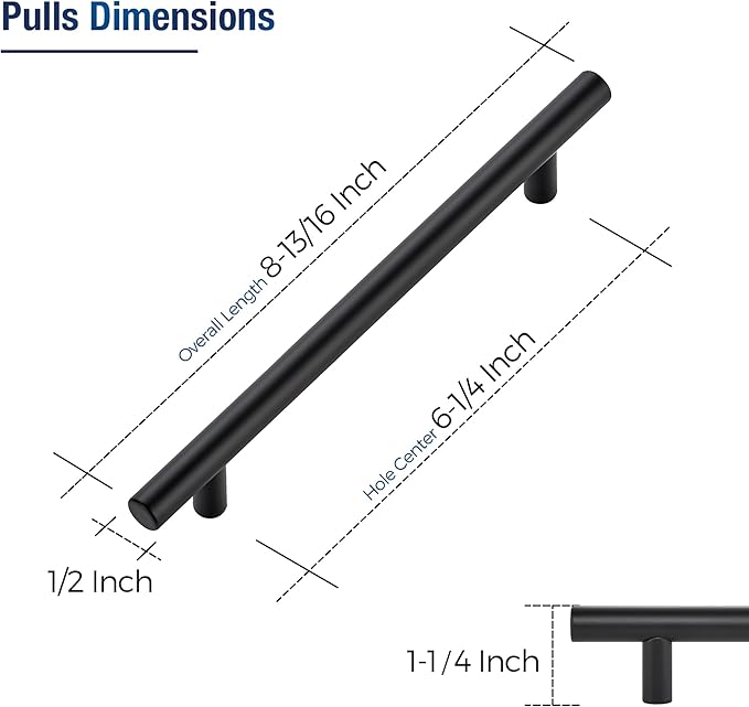 JOY DECOR 60 Pack Cabinet Handles, Black Cabinet Pulls, 6-1/4 in Hole Center Kitchen Hardware, Stainless Steel T Bar Handles for Dresser Drawers