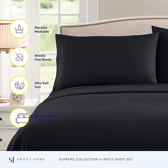 King Size Sheets - Breathable Luxury Bed Sheets with Full Elastic & Secure Corner Straps Built In - 1800 Supreme Collection Extra Soft Deep Pocket Bedding, Sheet Set, EXTRA DEEP pocket - King, Black