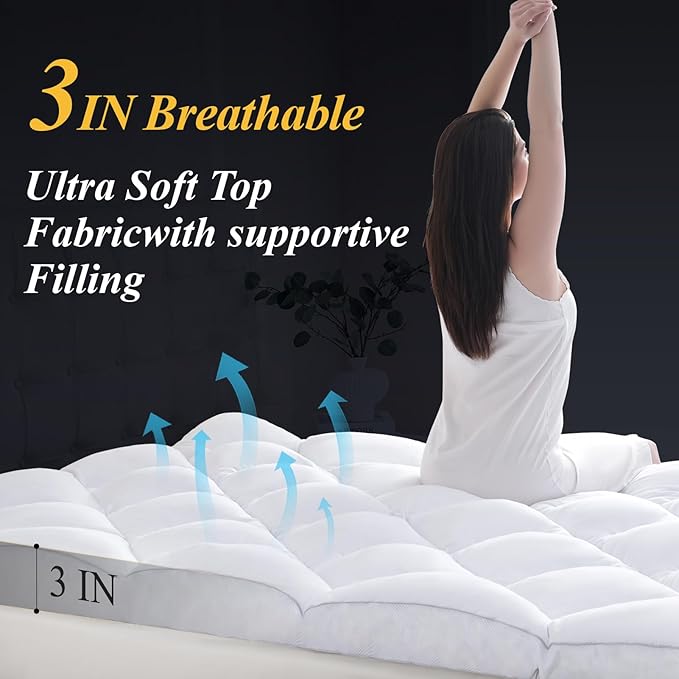 DOWNCOOL 3 Inch King Mattress, Ultra Thick and Fluffy Supportive Memory Foam Mattress Topper for Body Pain, Pad with Breathable Mesh Design for Deep Sleep, 80x78x3 Inches