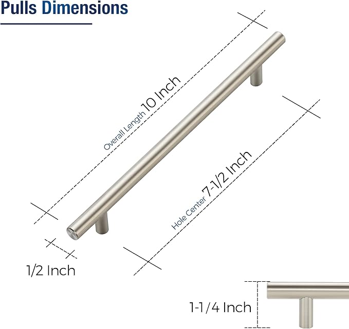 JOY DECOR 60 Pack Cabinet Handles, Brushed Nickel Cabinet Pulls, 7-1/2 in Hole Center Kitchen Cabinet Handles, Stainless Steel T Bar Handles for Dresser Drawers