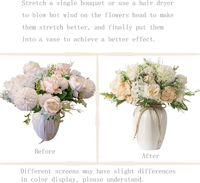 JARELING Peonies Artificial Flowers in Vase, Fake Hydrangea Silk Peony Flower Bouquet with Vase Faux Flowers Arrangement Decor Home Table Dining Room (White)