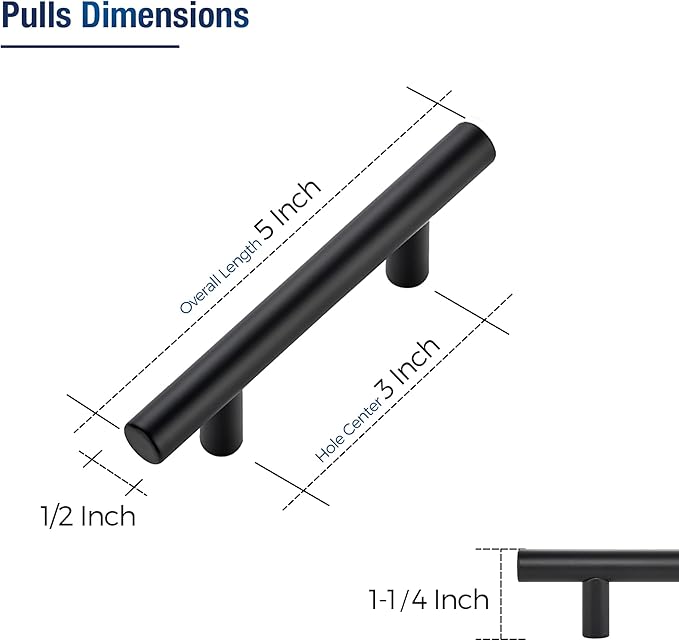 JOY DECOR 5 Pack Cabinet Handles, Black Cabinet Pulls, 3 in Hole Center Kitchen Hardware, Stainless Steel T Bar Handles for Dresser Drawers