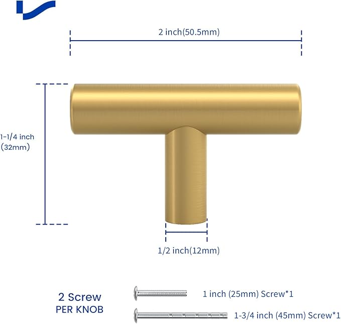 LONTAN 20 Pack Gold Knobs for Dresser Kitchen Cabinet Knobs Brushed Brass T Bar Hardware Brushed Gold Furniture Door Handles,Stainless Steel
