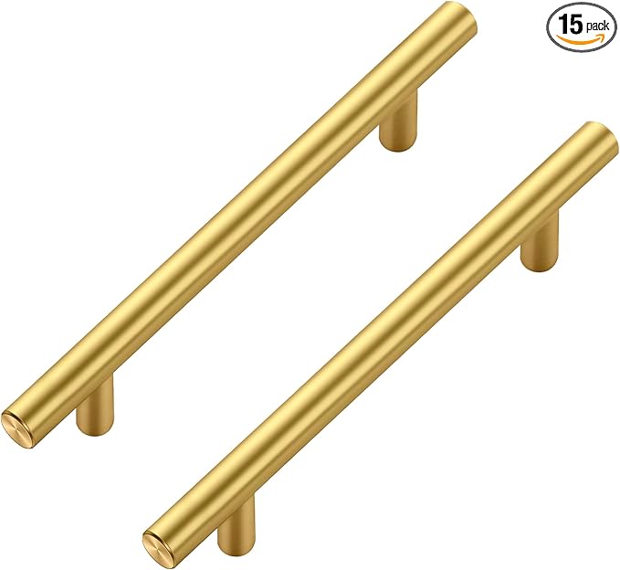 JOY DECOR 15 Pack Cabinet Handles, Gold Cabinet Pulls, 5 in Hole Center Kitchen Cabinet Handles, Stainless Steel T Bar Handles for Dresser Drawers