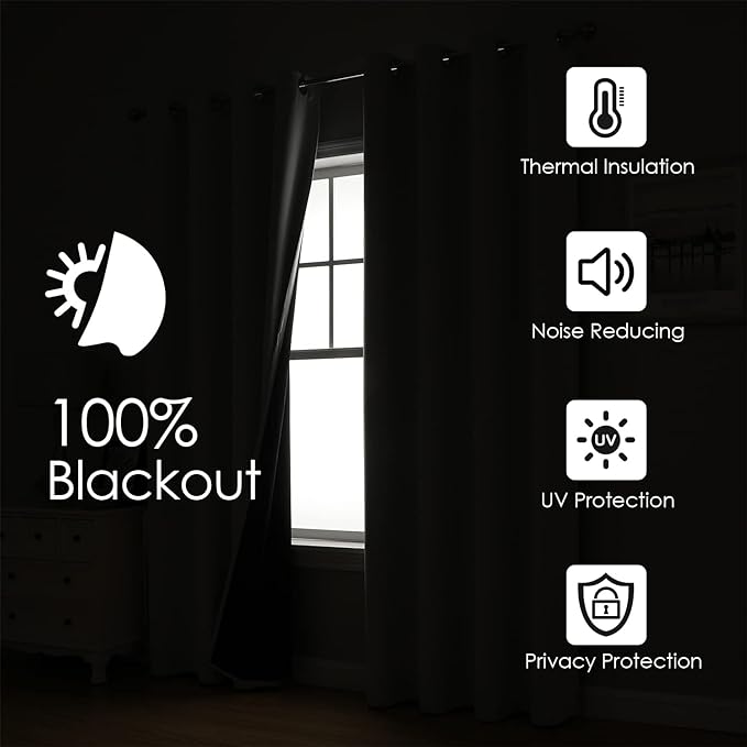 ChrisDowa 100% Blackout Curtains 63 inch Long for Bedroom with Black Liner, 2 Thick Layers Total Blackout Thermal Insulated Grommet Window Curtains 2 Panels Set (Burgundy, 38 x 63 Inch)