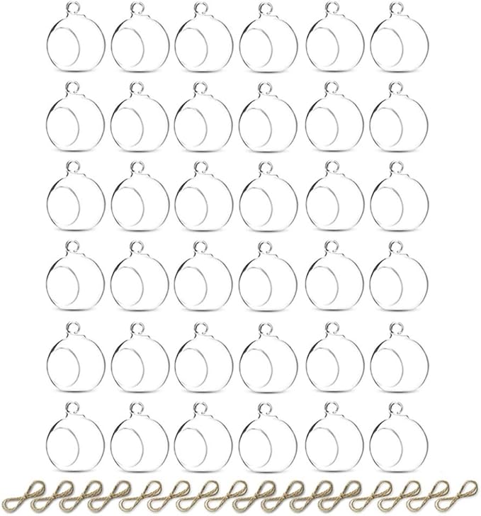 Sziqiqi Hanging Glass Globes Orbs Tea Light Candle Holders fillable with Trinkets for Wedding Ornaments, Wedding Birthday Christmas Party Centerpiece Accessory 2.36inch 30pcs +6 Extra