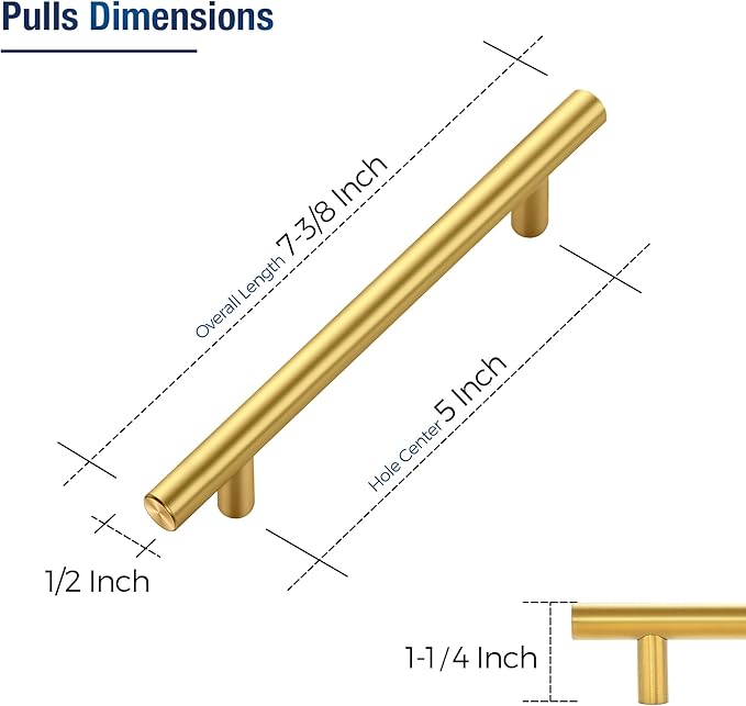 JOY DECOR 30 Pack Cabinet Handles, Gold Cabinet Pulls, 5 in Hole Center Kitchen Cabinet Handles, Stainless Steel T Bar Handles for Dresser Drawers