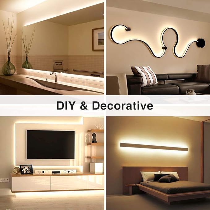 Lamomo LED Neon Rope Lights, 16.4ft/5m Warm White Light Strip 0.39in/Cut, 12V Flexible Waterproof Silicone Neon Sign for Kitchen Bedroom Indoor Outdoor Decoration（Power Adapter not Included）