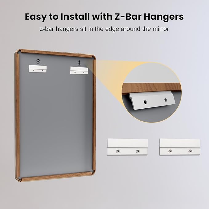 LOAAO 48X36 Inch Bathroom Mirror with Wood Grain Colored Metal Frame, Rounded Rectangle Metal Framed Bathroom Mirror, Anti-Rust, Hangs Horizontally or Vertically, Tempered Glass