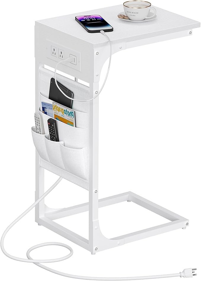 TUTOTAK C Shaped End Table with Charging Station, Side Table for Sofa, Couch Table with Storage Bag, TV Tray Table with 2 USB Ports and Outlets for Living Room, Bedroom, White TB01BW024