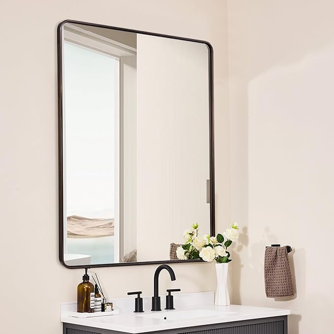 ANDY STAR 48x36 Inch Bronze Bathroom Mirror, Rounded Rectangle Oil Rubbed Bronze Mirrors for Bathroom,Tube Metal Framed, 1’’ Deep Wall Mounted Vertically/Horizontal
