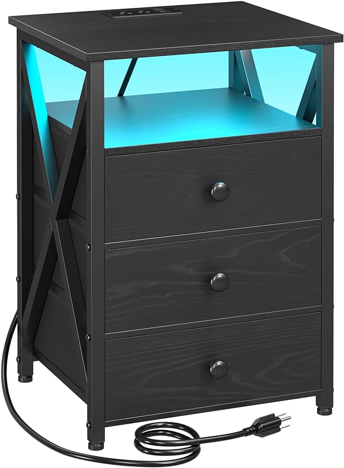 AMHANCIBLE LED Nightstand with Charging Station, Smart End Side Table with USB Port & Power Outlet, Bedside Table with Fabric Drawers for Bedroom, Living Room, Black, HET053LBK1