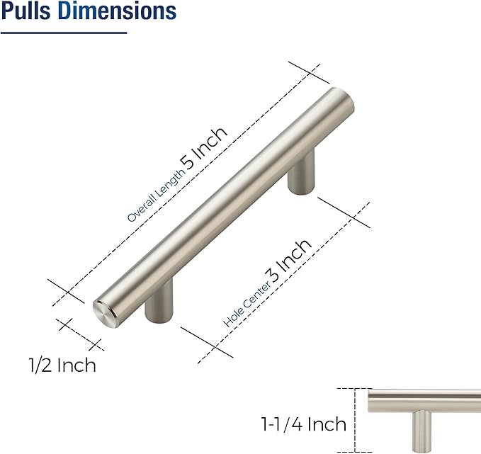 JOY DECOR 10 Pack Cabinet Handles, Brushed Nickel Cabinet Pulls, 3 in Hole Center Kitchen Cabinet Handles, Stainless Steel T Bar Handles for Dresser Drawers
