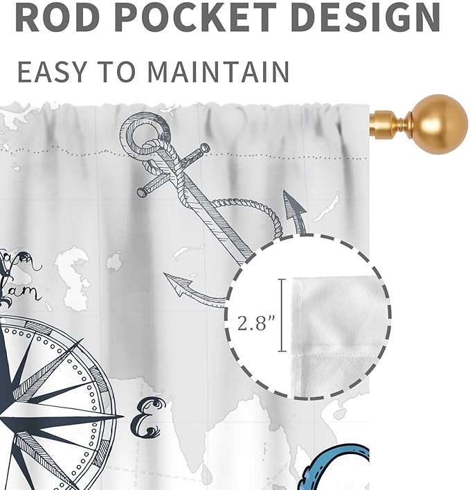 Nautical Curtains, Coastal Old Pirate Map Sailboat Compass Anchor Vintage Ocean Kraken Octopus Tentacles Blue Marine Window Drapery Treatment for Bedroom Living Room Kitchen Bathroom, 42"x45" Inch