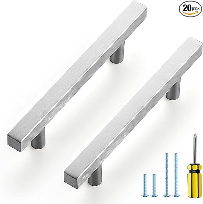 Ravinte Brushed Nickel Cabinet Handles 20 Pack 3-3/4 inch Satin Nickel Square Cabinet Pulls Silver Hardware for Kitchen Cabinets 6 inch Overall Length Stainless Steel Drawer Pulls