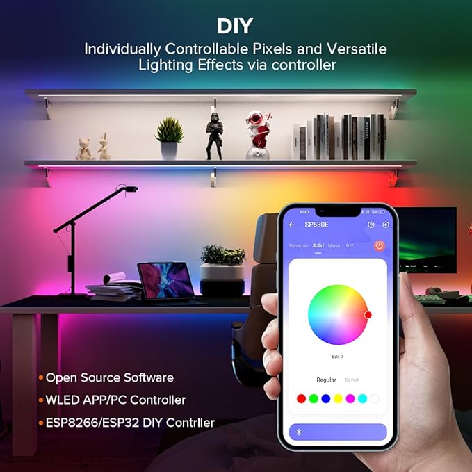 SEZO WS2812B LED Strip Light 16.4FT 60Pixel/M 300LEDs DC5V Individual Addressable LED Strip SMD5050 RGB Dream Color Programmable LED Light Strip Flexible IP30 Non-Waterproof White PCB
