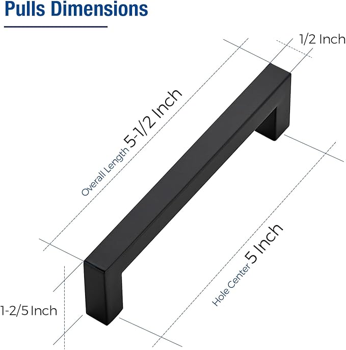 JOY DECOR 6 Pack Cabinet Handles, Black Cabinet Pulls, 5 Inch Kitchen Closet Handles Square Drawer Pulls Stainless Steel Drawer Hardware, 128mm Hole Centers